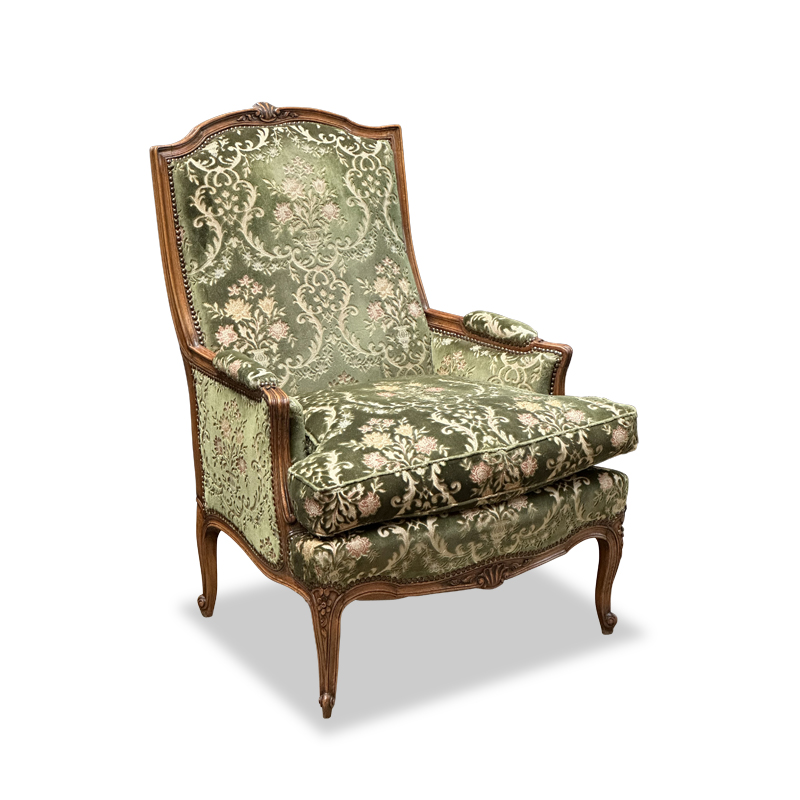 French antique walnut bergere ladies chair with beautiful olive upholstery