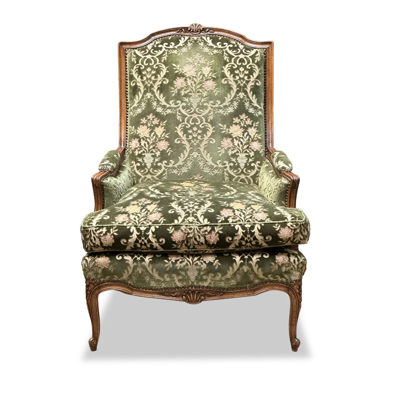French antique walnut bergere ladies chair with beautiful olive upholstery