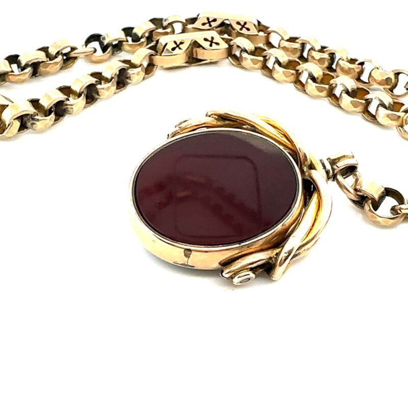 9ct Belcher 30cm chain with 10ct Bloodstone and Carnelian spinner c. 1880