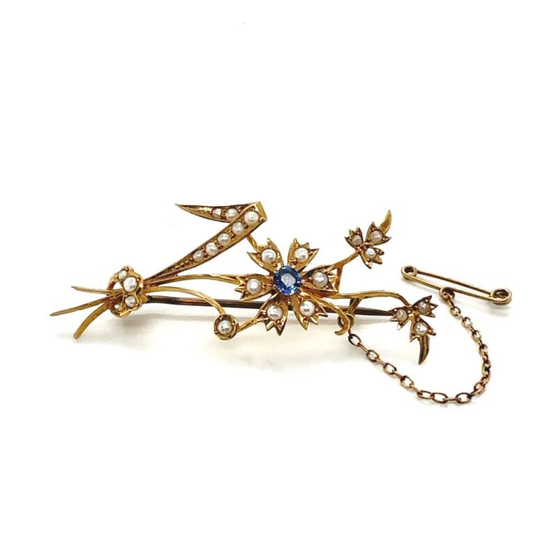 Edwardian 15ct sapphire and pearl brooch