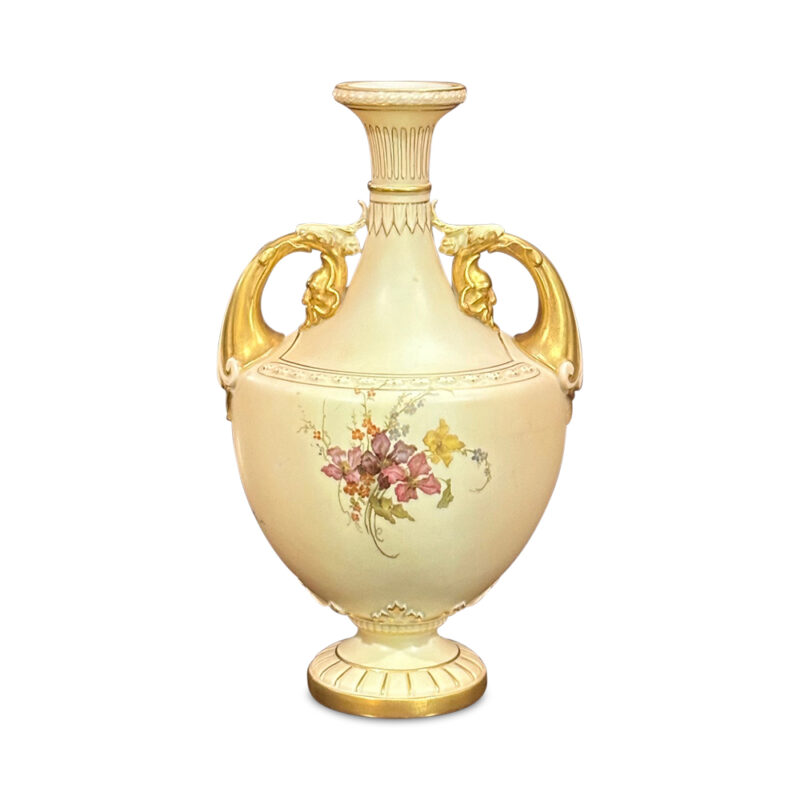 Royal Worcester blush ivory vase with mask handles back
