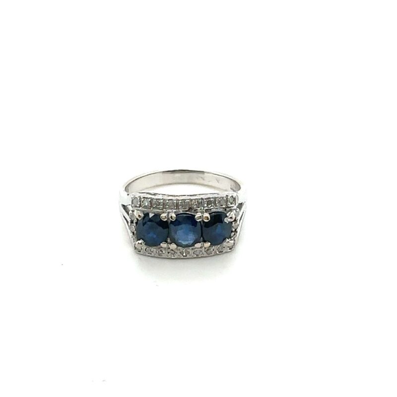 14ct 3 sapphire cluster ring flanked by 24 diamonds