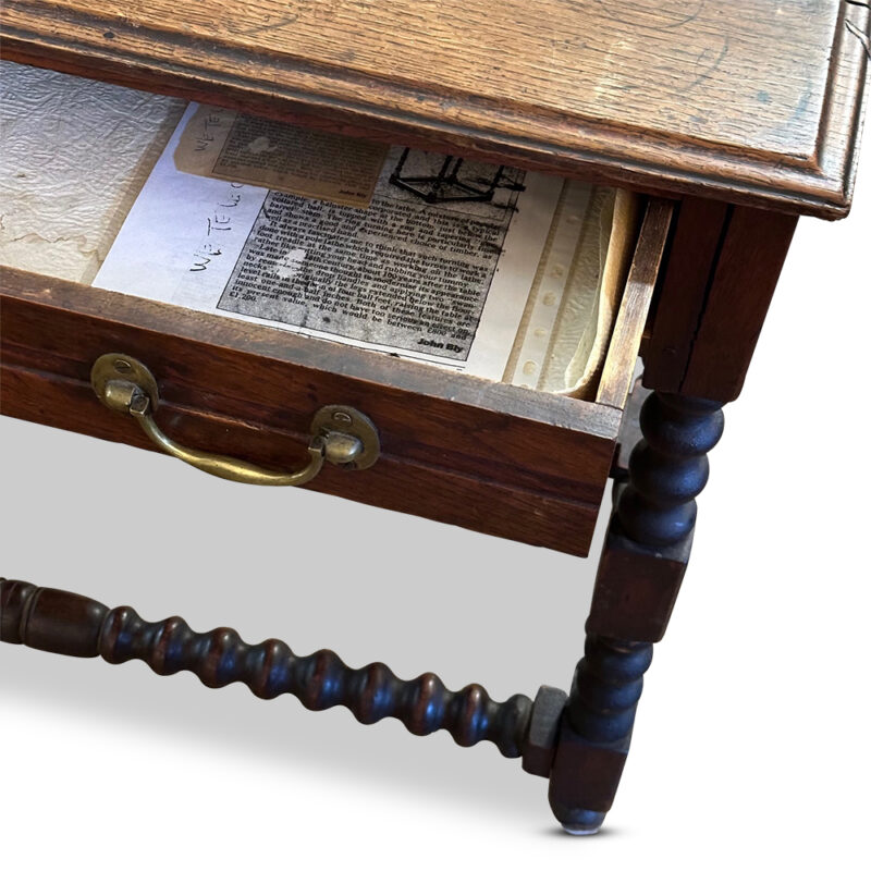 country oak hall table with bobbins open