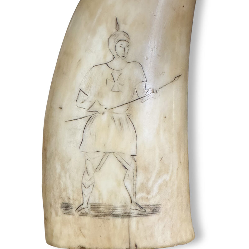 19th century sperm whale scrimshaw with engraved knight