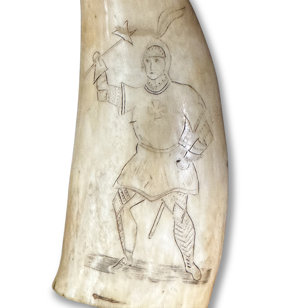 19th century sperm whale scrimshaw with engraved knight