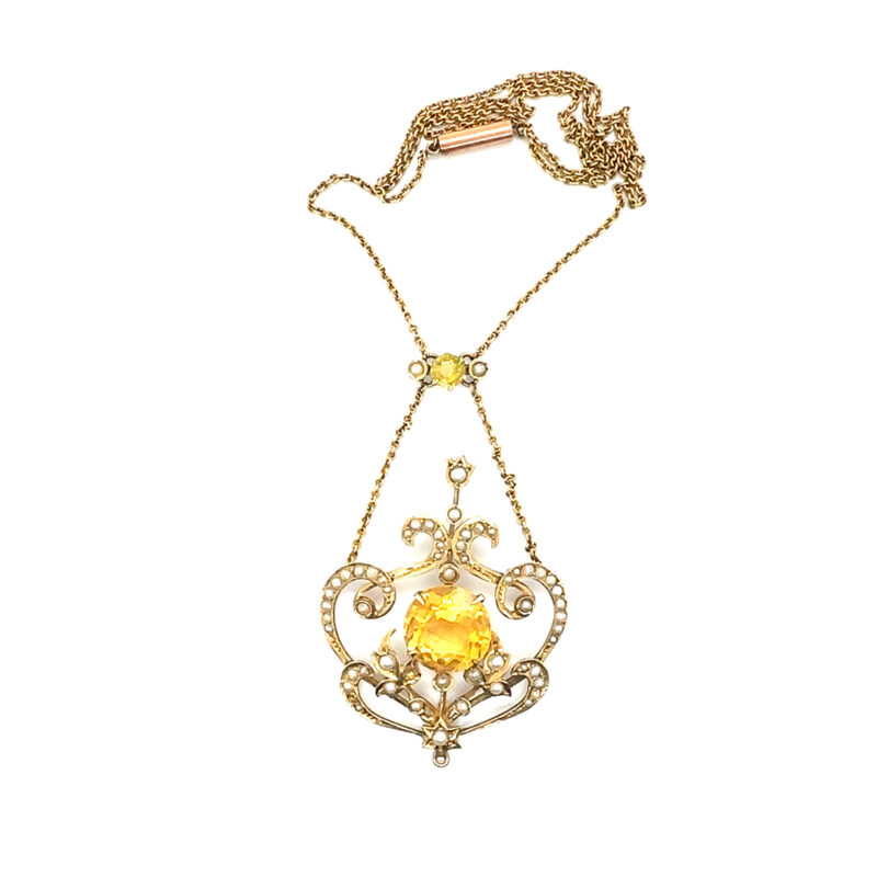 antique Citron and seed pearl pendant and chain