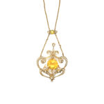 antique Citron and seed pearl pendant and chain