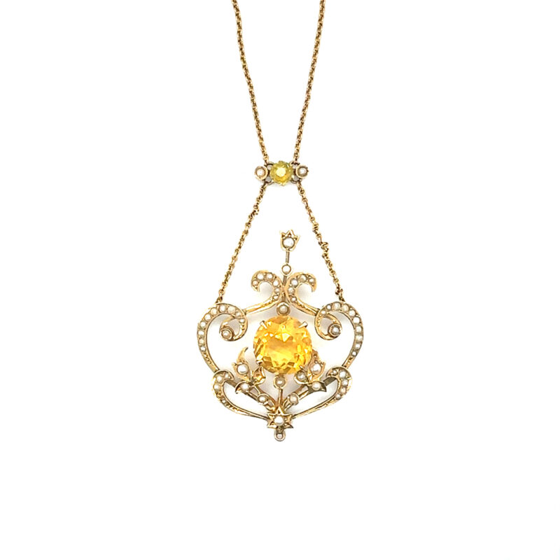 antique Citron and seed pearl pendant and chain