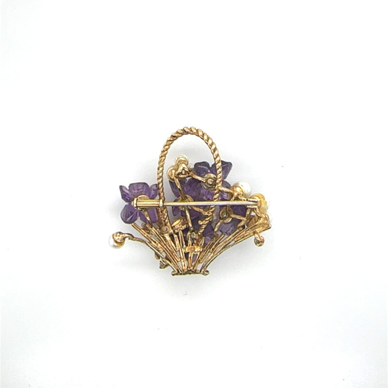 Amethyst and pearl floral basket brooch