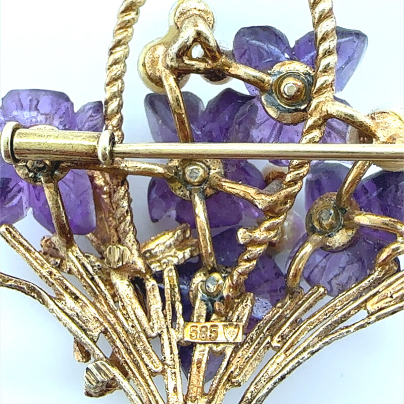 Amethyst and pearl floral basket brooch