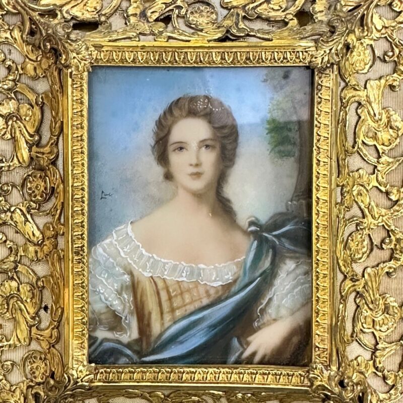 hand painted French miniature of a lady with gilt frame