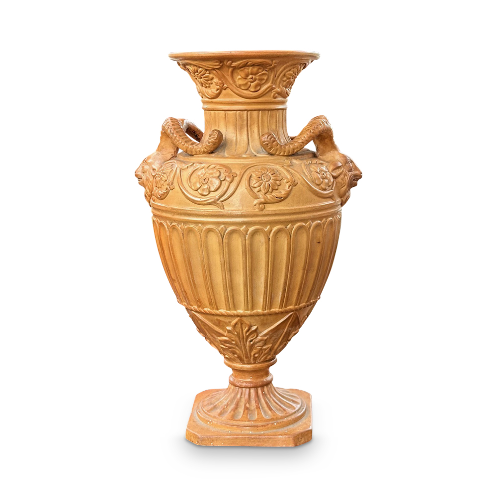 French teracotta urn vase with rams head detail