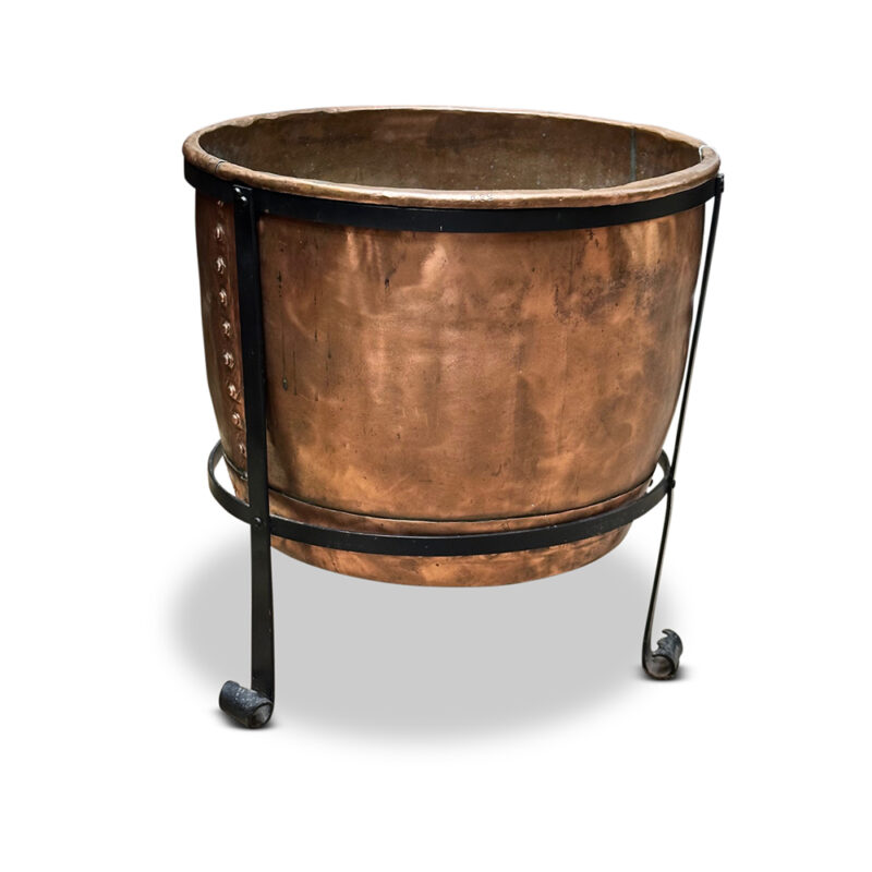 antique large copper cauldron planter on cast iron stand top