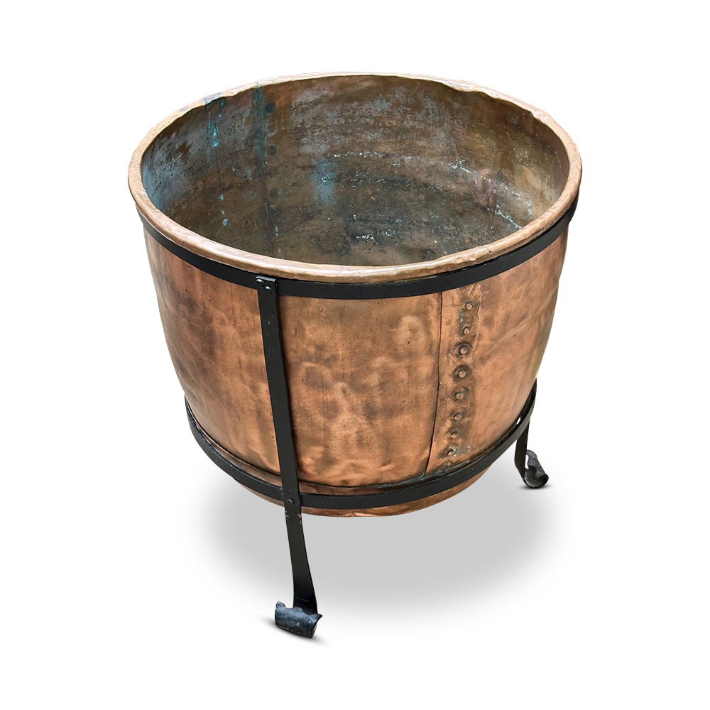 antique large copper cauldron planter on cast iron stand top