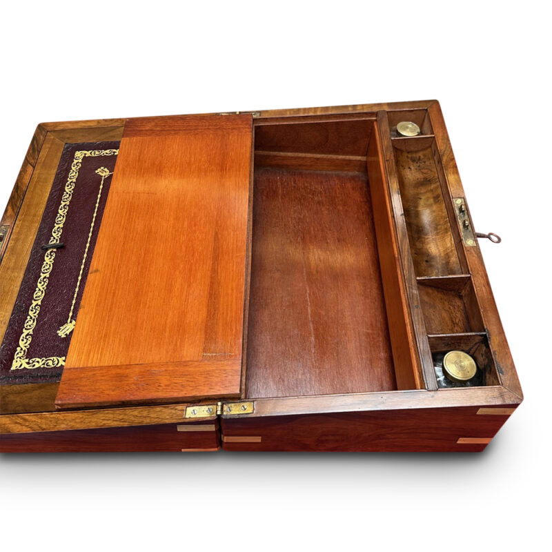 antique english walnut writing box with burgundy leather slope