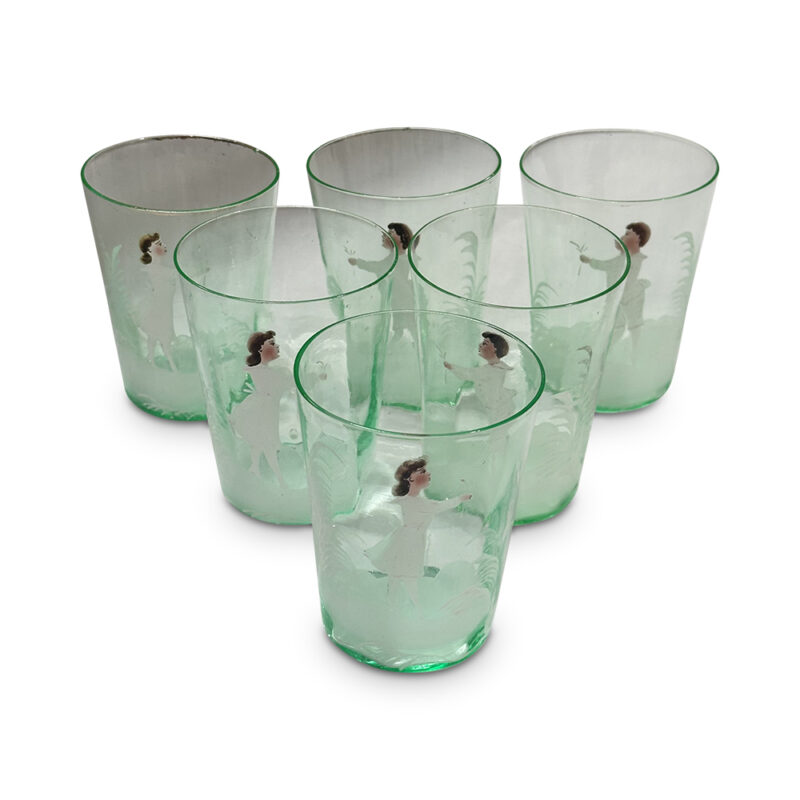 Mary Gregory style uranium glass water set