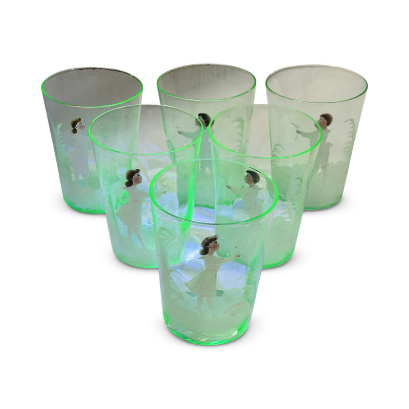 Mary Gregory style uranium glass water set