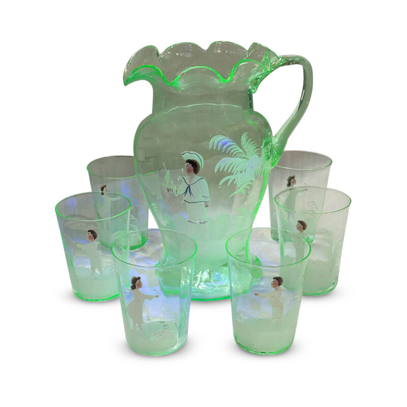 Mary Gregory style uranium glass water set