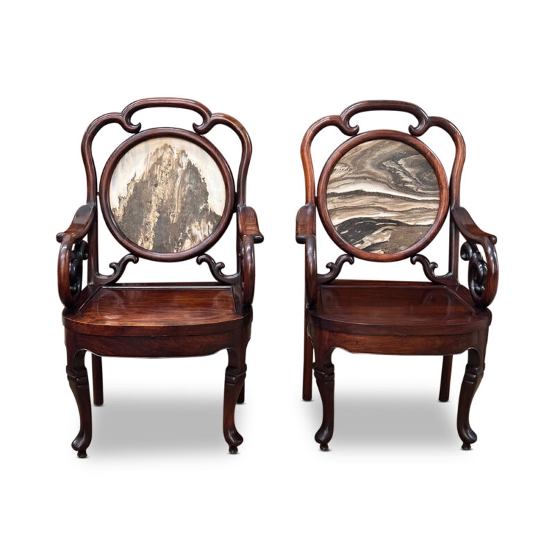 Antique pair of Chinese marble backed hall chairs