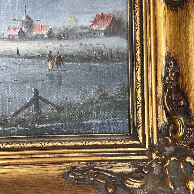 Dutch ice skating oil painting in gilt frame