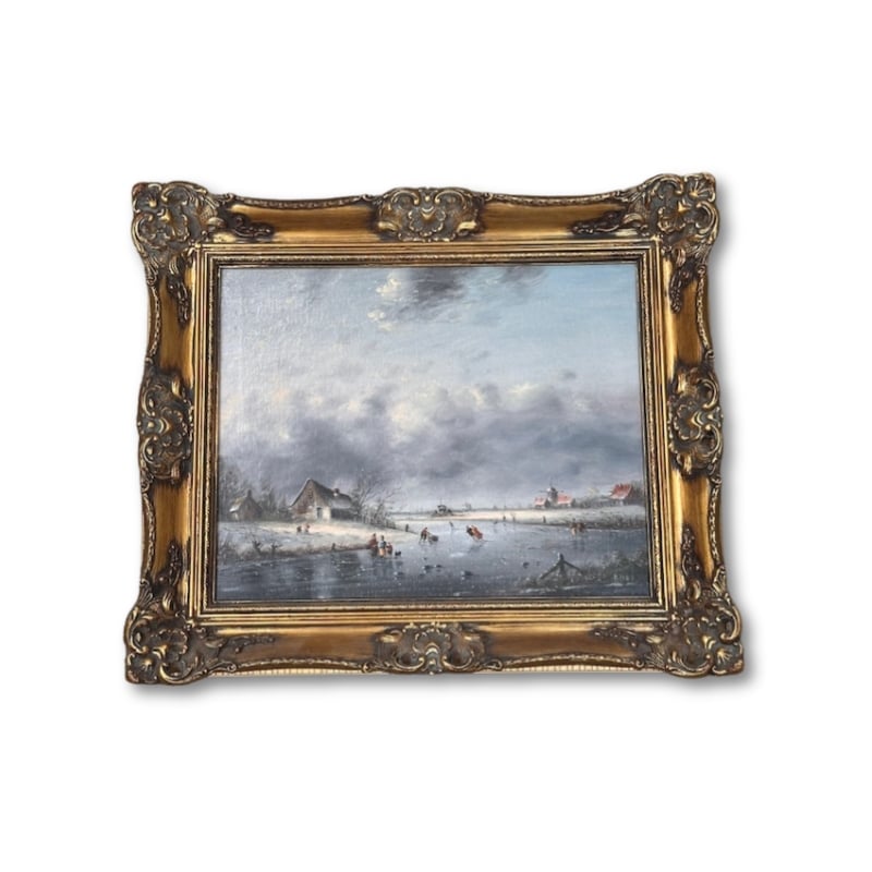 Dutch ice skating oil painting in gilt frame