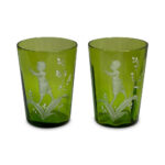 Pair late Victorian green glass Mary Gregory tumblers c.1890