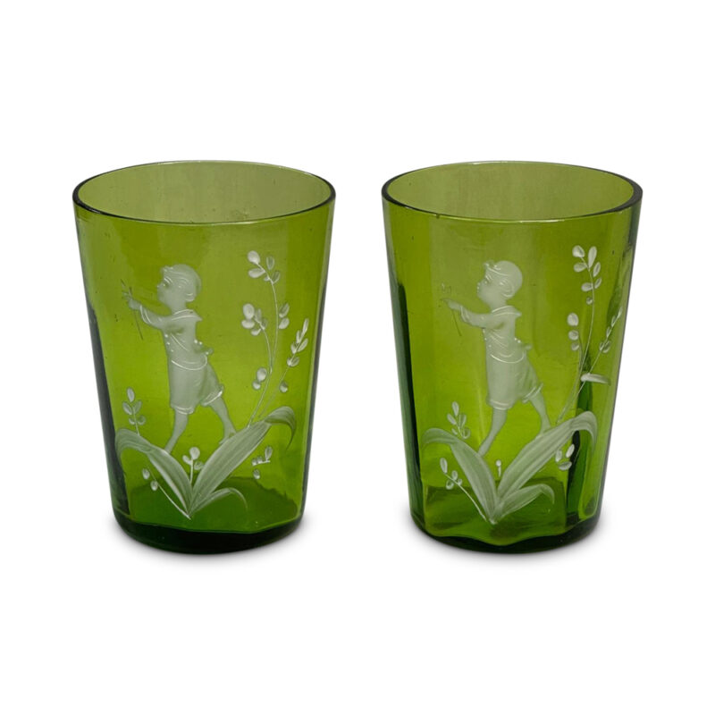 Pair late Victorian green glass Mary Gregory tumblers c.1890