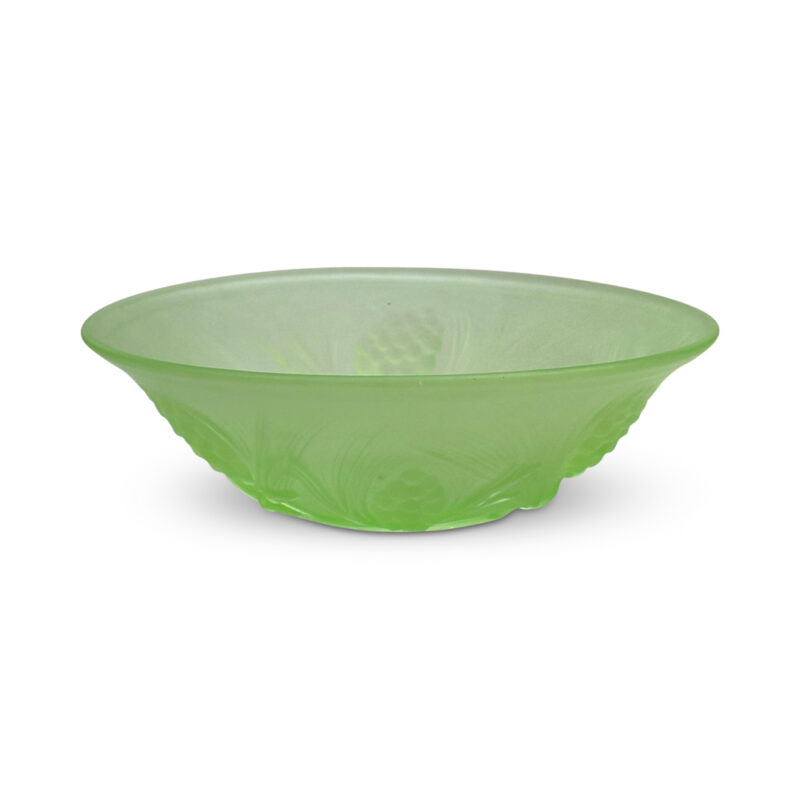 Uranium glass bowl with fruit and fircone design