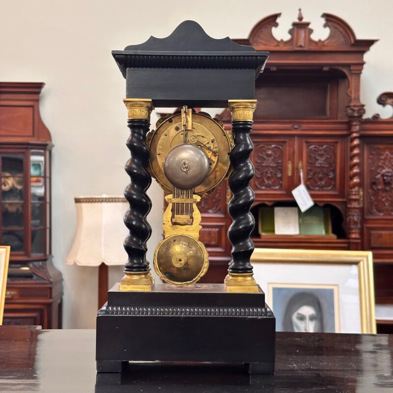 ebonised portico mantle clock back