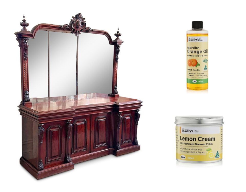 A grand antique Victorian mirror backed sideboard with Gilly's orange oil and Gilly's cream wax